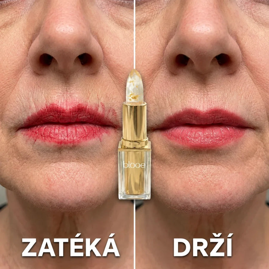 Rtěnka, která zatéká do vrásek kolem rtů, vedle rtěnky blooe, která drží na místě