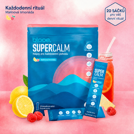 blooe SuperCalm Malinová limonáda – balení a sáčky s malinami a citronem
