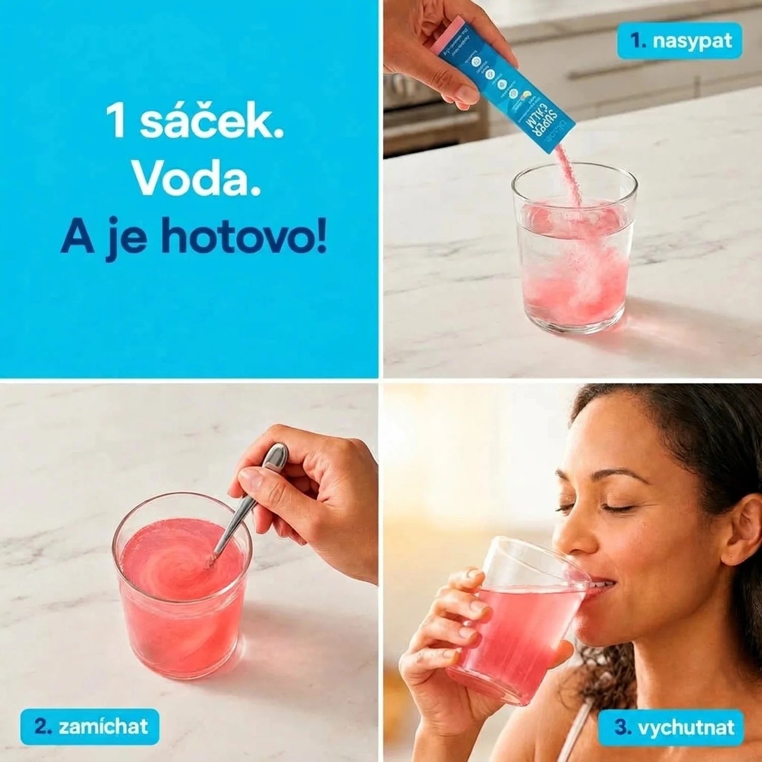 Příprava blooe SuperCalm: nasypat sáček, zamíchat a vychutnat